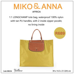 HB0236-Yellow 1:1 LONGCHAMP tote bag, waterproof 100% nylon,PU handles, with 2 inside zipper pocekt