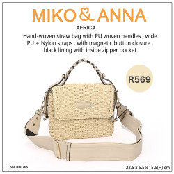 HB0266 Hand-woven straw bag,  PU woven handles,  PU + Nylon straps, magnetic button closure, inside zipper pocket