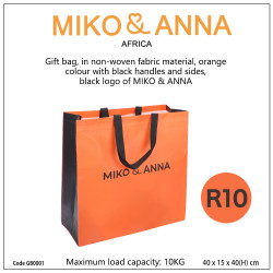 GB0001 Gift bag, in non-woven fabric material, orange colour with black handles and sides, black logo of MIKO & ANNA