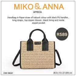 HB0267-Paper straw bag with black PU handles, long straps, top zipper closure, black lining and inside zipper pocket