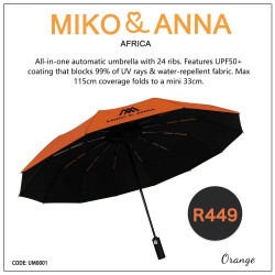 UM0001-Orange All-in-one automatic umbrella with 24 ribs. Features UPF50+ coating & water-repellent fabric. Max 115cm coverage folds to a mini 33cm.
