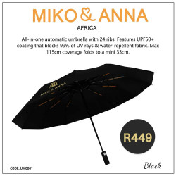 UM0001-Black All-in-one automatic umbrella with 24 ribs. Features UPF50+ coating & water-repellent fabric. Max 115cm coverage folds to a mini 33cm.