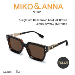 SG-3115 Tea Sunglasses Dark Brown Gold, All Brown Lenses, UV400, TM Frame