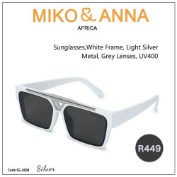 SG-3608 Silver, Sunglasses,White Frame, Light Silver Metal, Grey Lenses, UV400