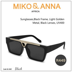 SG-3601 Black,Sunglasses,Black Frame, Light Golden Metal, Black Lenses, UV400