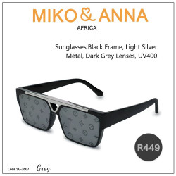 SG-3607 Grey, Sunglasses,Black Frame, Light Silver Metal, Dark Grey Lenses, UV400