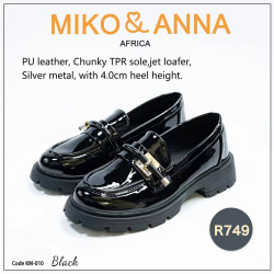 KM-010 Black ,PU leather, Chunky TPR sole,jet loafer, Silver metal, with 4.0cm heel height.