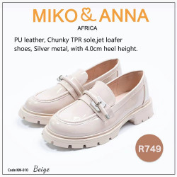 KM-010 Beige,PU leather, Chunky TPR sole,jet loafer shoes, Silver metal, with 4.0cm heel height.
