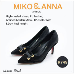 KM-003 Black, High-heeled shoes, PU leather, Grained,Golden Metal, TPU sole, With 8.0cm heel height