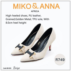 KM-003 Beige, High-heeled shoes, PU leather, Grained,Golden Metal, TPU sole, With 8.0cm heel height