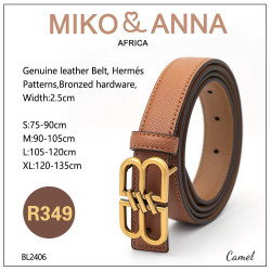 BL2406-CAMEL Genuine leather Belt, Hermés Patterns,Bronzed hardware, Width:2.5cm