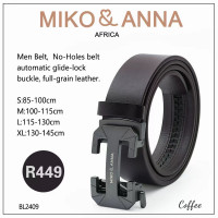 BL2409-Coffee Men Belt,No-Holes belt automatic glide-lock buckle, full-grain leather