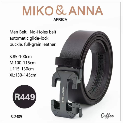 BL2409-Coffee Men Belt,No-Holes belt automatic glide-lock buckle, full-grain leather