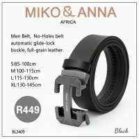 BL2409-Black Men Belt,No-Holes belt automatic glide-lock buckle, full-grain leather