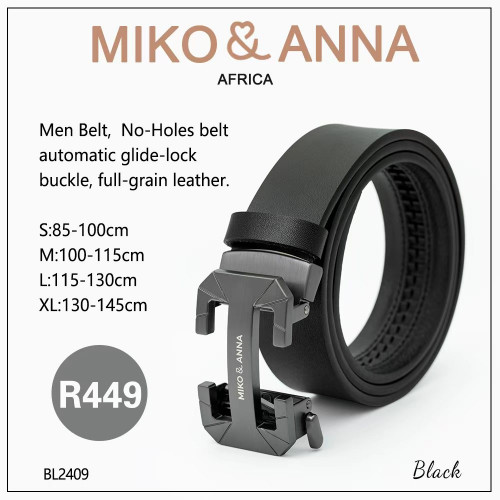 BL2409-Black Men Belt,No-Holes belt automatic glide-lock buckle, full-grain leather