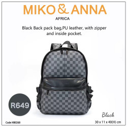 HB0268-Black Backpack bag, laptop bag,PU leather, with zipper and inside pocket.