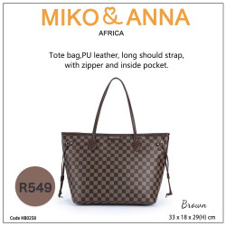 HB0258-Brown Tote bag,PU leather, long should strap, with zipper and inside pocket.