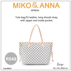 HB0259-Beige Tote bag,PU leather, long should strap, with zipper and inside pocket.