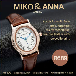 WT-6072 Watch Brown& Rose gold, Japanese quartz movement, Genuine leather with crocodile print