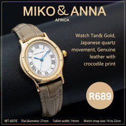 WT-6070 Watch Tan& Gold, Japanese quartz movement, Genuine leather with crocodile print