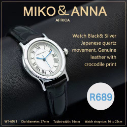 WT-6071 Watch Black& Silver Japanese quartz movement, Genuine leather with crocodile print