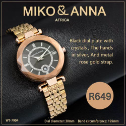 WT-7904 Black dial plate with crystals , The hands in silver, And metal rose gold strap.
