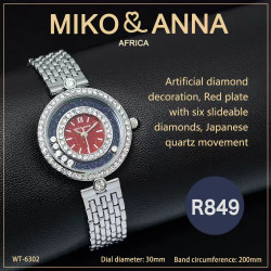 WT-6302 Artificial diamond decoration, Red plate with six slideable diamonds, Japanese quatiz movement