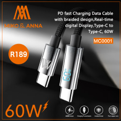 MC0001, PD fast Charging Data Cable with braided design,Real-time digital Display,Type-C to Type-C, 60W