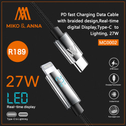 MC0002, PD fast Charging Data Cable with braided design,Real-time digital Display,Type-C to Lighting, 27W