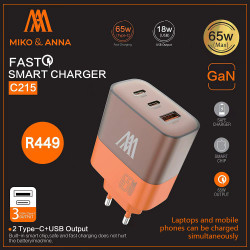 C215 Fast Smart Charger 2 Type-c+USB Output Laptops and mobile phones can be charged simultaneously