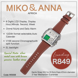 W0008 Special silver metal shell with brown genuine leather strap, 6 Digits LCD Display,face 47mm