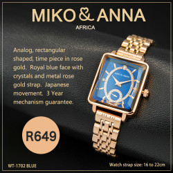 WT-1702 blue Watch Analog, rectangular shaped, time piece in rose gold.  Royal blue face with crystals and metal rose gold strap.  Japanese movement.