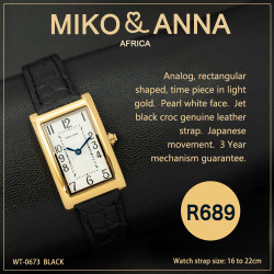 WT-0673 black Watch Analog, rectangular shaped, time piece in light gold.  Pearl white face.  Jet black croc genuine leather strap.  Japanese movement.