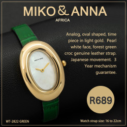WT-2822 green Watch Oval-shaped time piece in light gold.  Analog pearl white face with croc, forest green, genuine leather strap.