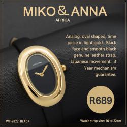 WT-2822 black Watch Analog, oval shaped, time piece in light gold.  Black face and smooth black genuine leather strap.  Japanese movement.