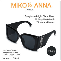 SG-0662 Black Sunglasses,Bright Black Silver, All Gray,UV400,with TR material lenses