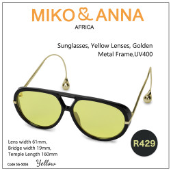 SG-5056,Sunglasses, Yellow Lenses, Golden Metal Frame,UV400