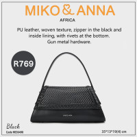 HB56490-Black PU leather, woven texture, zipper in the black and inside lining, with rivets at the bottom. Gun metal hardware. 35*19*13cm.