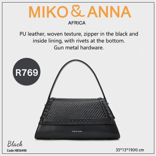 HB56490-Black PU leather, woven texture, zipper in the black and inside lining, with rivets at the bottom. Gun metal hardware. 35*19*13cm.