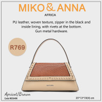 HB56490-Apricot/Brown  PU leather, woven texture, zipper in the black and inside lining, with rivets at the bottom. Gun metal hardware. 35*19*13cm.