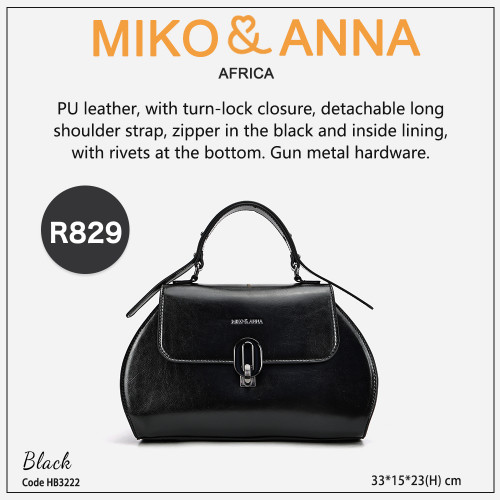 HB3222-Black PU leather, with turn-lock closure, detachable long shoulder strap, zipper in the black and inside lining, with rivets at the bottom. Gun metal hardware.33*23*15cm