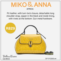 HB3222-Yellow/Green PU leather, with turn-lock closure, detachable long shoulder strap, zipper in the black and inside lining, with rivets at the bottom. Gun metal hardware.33*23*15cm