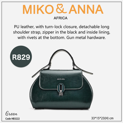 HB3222-Green PU leather, with turn-lock closure, detachable long shoulder strap, zipper in the black and inside lining, with rivets at the bottom. Gun metal hardware.33*23*15cm