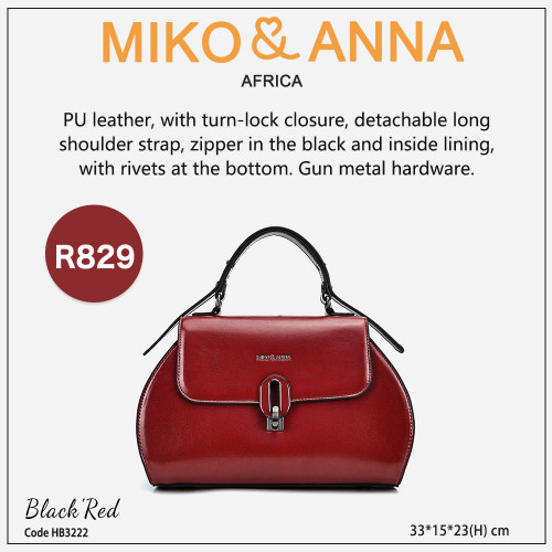 HB3222-Black/Red PU leather, with turn-lock closure, detachable long shoulder strap, zipper in the black and inside lining, with rivets at the bottom. Gun metal hardware.33*23*15cm