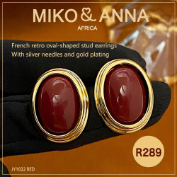 JY1022 Red French retro oval-shaped stud earrings with silver needles and gold plating