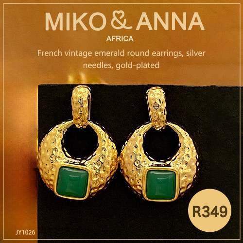 JY1026 French vintage emerald round earrings, silver needles, gold-plated