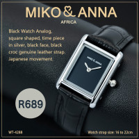 WT-4288 Black Watch Analog, square shaped, time piece in silver, black face, black croc genuine leather strap. Japanese movement.