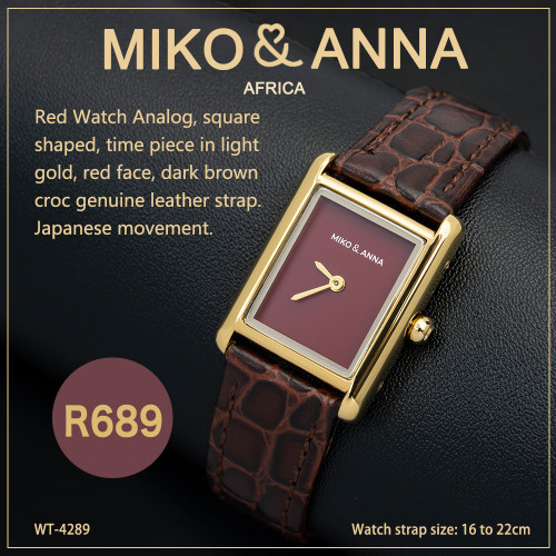 WT-4289 Red Watch Analog, square shaped, time piece in light gold, red face, dark brown croc genuine leather strap. Japanese movement.