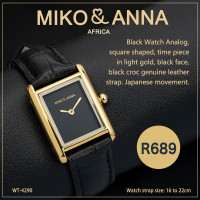 WT-4290 Black Watch Analog, square shaped, time piece in light gold, black face, black croc genuine leather strap. Japanese movement.