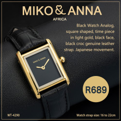 WT-4290 Black Watch Analog, square shaped, time piece in light gold, black face, black croc genuine leather strap. Japanese movement.